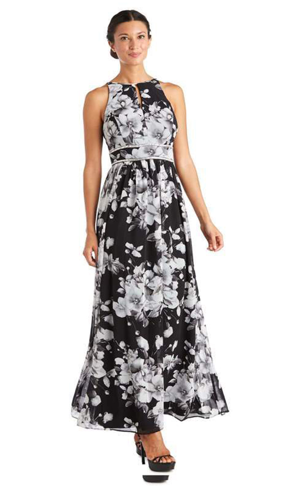 R&M Richards - 7035SC Halter Neck Floral Printed Flowy Dress In Black and White
