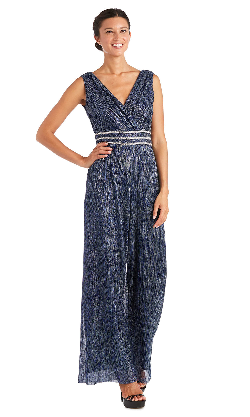R&M Richards - 7144 Sleeveless Surplice V-Neck Jumpsuit with Beaded Waist In Blue