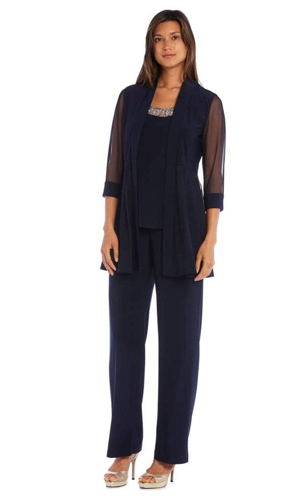 R&M Richards - 8764SC Faux Three-Piece Pant Suit with Sheer Inserts and Embellishments In Blue