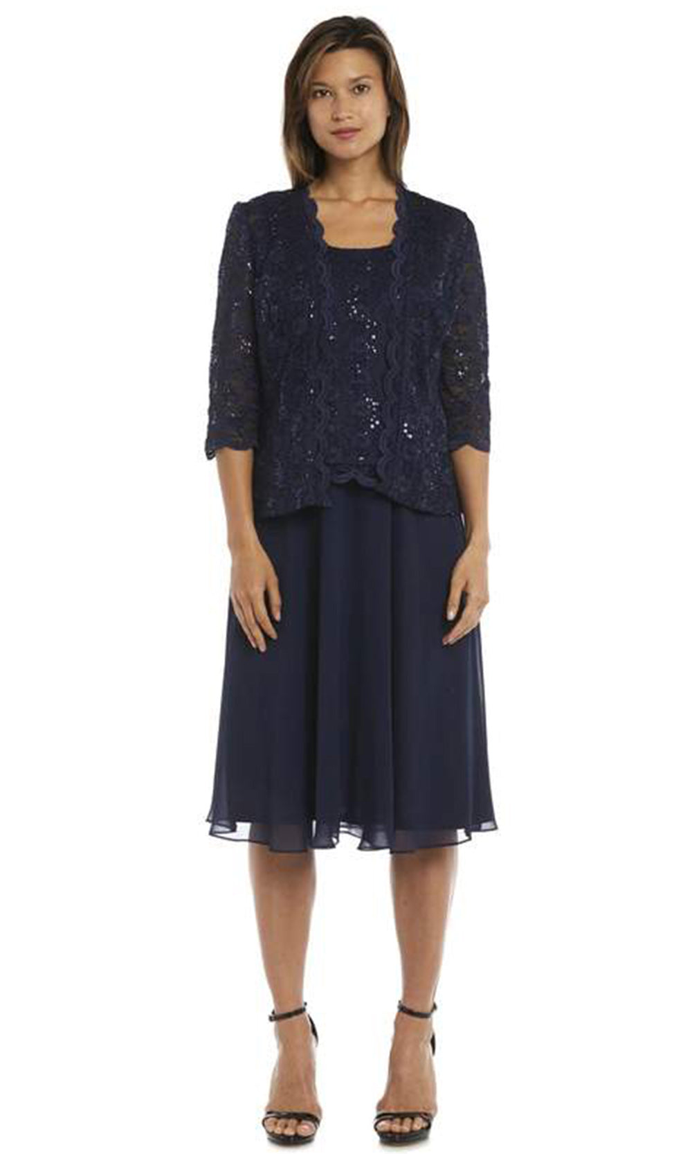 R&M Richards - 7479 Lace and Chiffon Popover Midi-Dress With Embroidered Lace Jacket In Blue