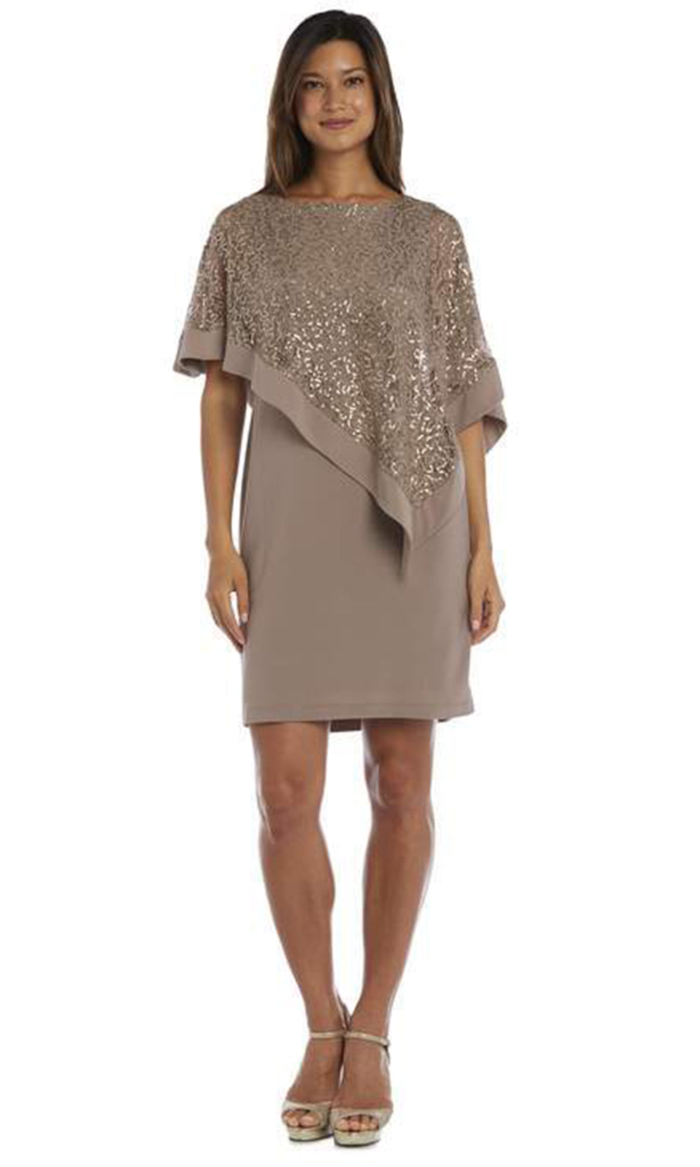 R&M Richards - Petite Sleeveless, Knee-Length Dress and Sequined Poncho Set 8749 - 1 pc Mocha In Size 14 Available CCSALE 14 / Mocha