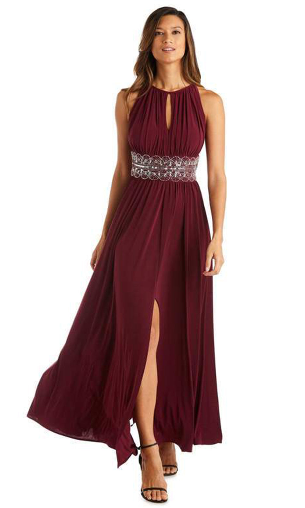 R&M Richards - 1328SC Ruched Chiffon Flowy Slit Dress In Red
