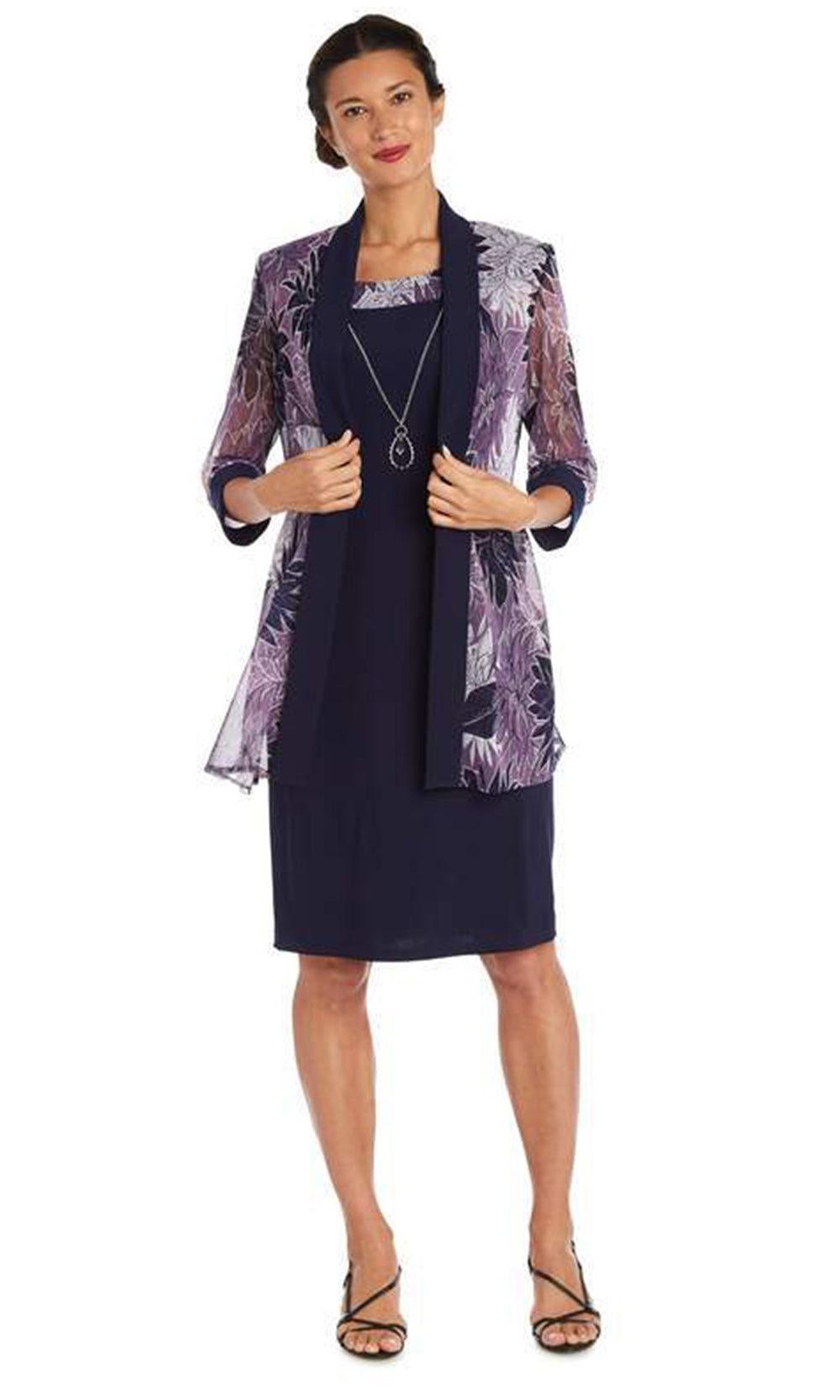 R&M Richards - 9003SC Floral Print Formal Three Piece Midi Set In Purple