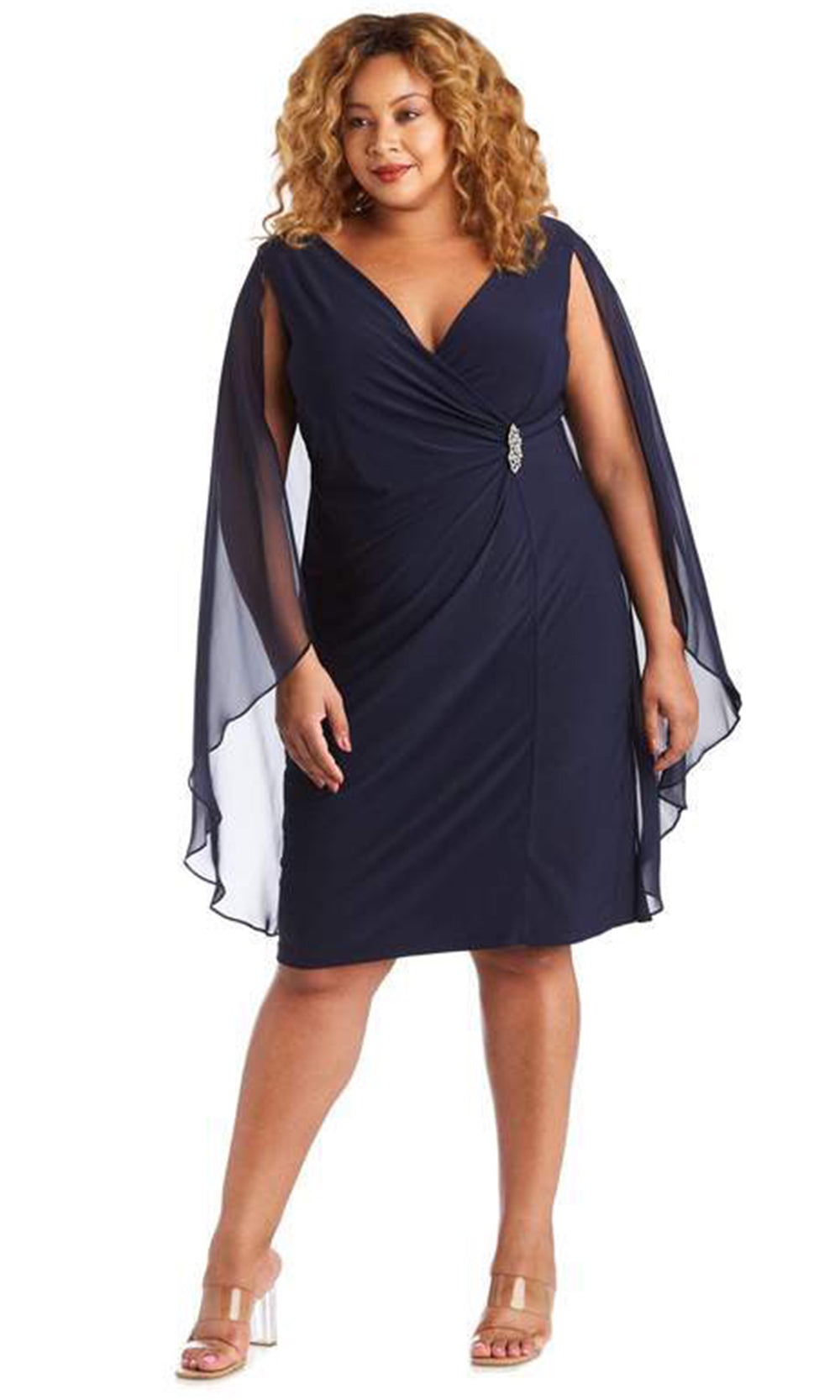 R&M Richards - 5806SC V Neck Wrap Styled Chiffon Midi Dress In Blue and Black