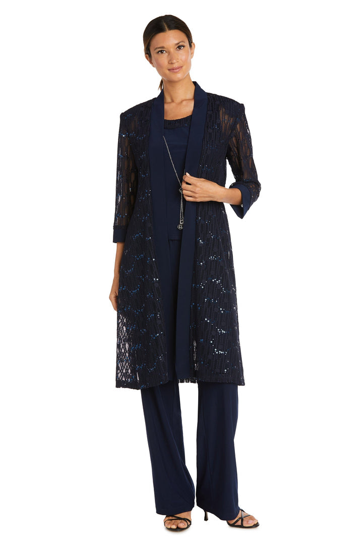 R&M Richards - Sleeveless Top with Pants and Sheer Embellished Duster  In Blue