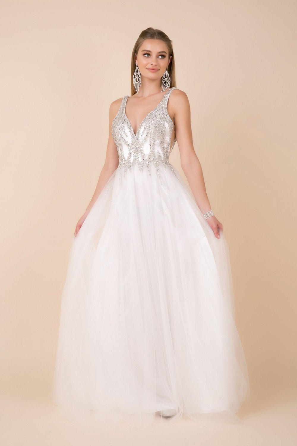 Nox Anabel - Embellished Plunging V-neck A-line Evening Dress R283 In White