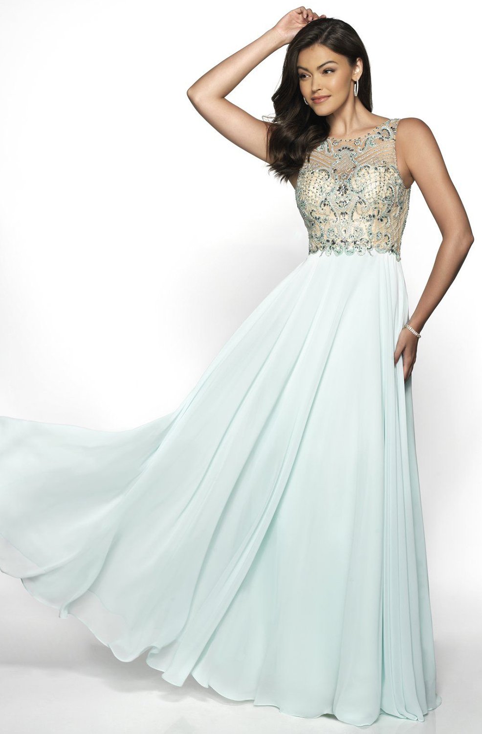 Blush by Alexia Designs - 11715 Beaded Jewel Neck Chiffon A-line Dress In Green