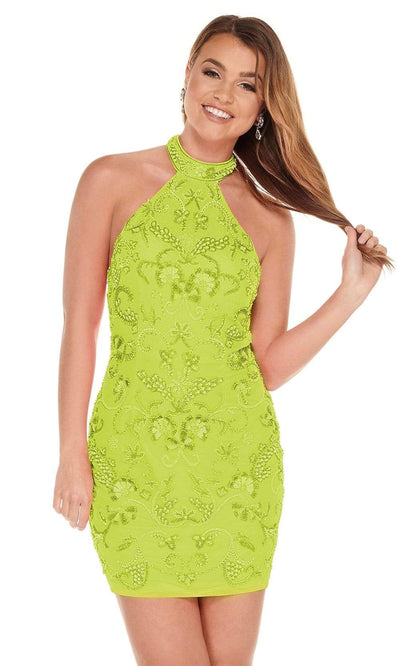 Rachel Allan - 40022 High Choker Neck Beaded Tulle Cocktail Dress Homecoming Dresses 0 / Neon Green