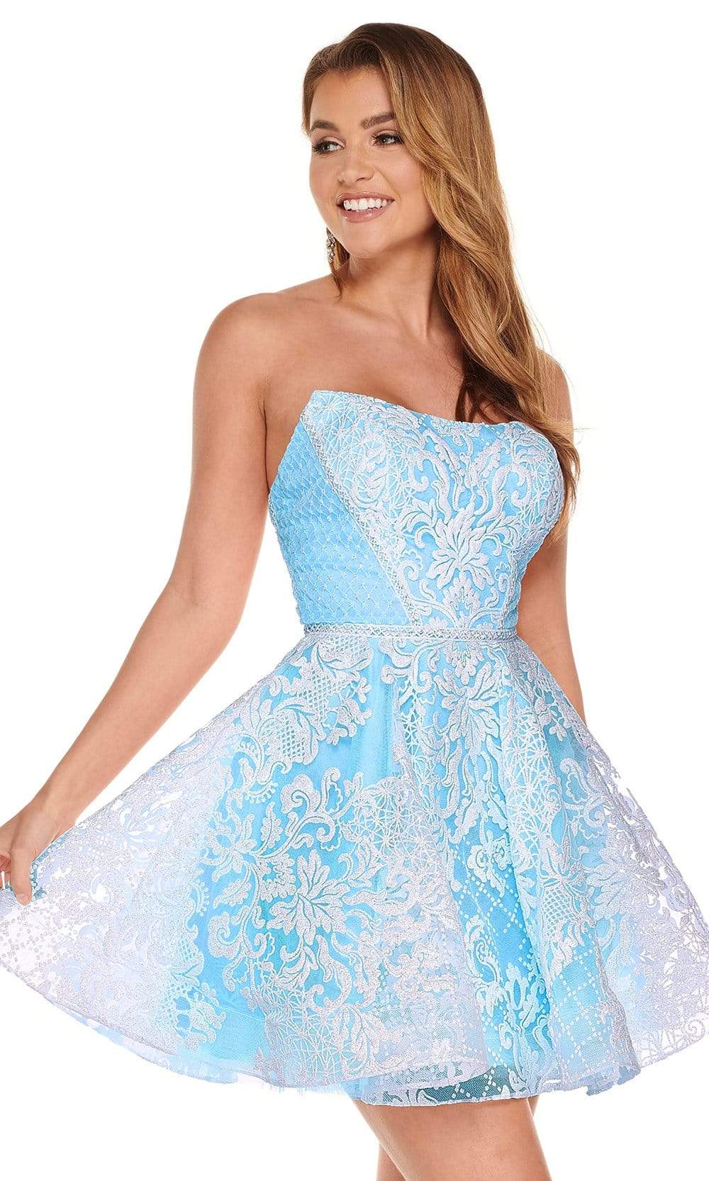 Rachel Allan - 40062 Strapless Glitter Print A-Line Dress Homecoming Dresses 0 / White Ocean Blue