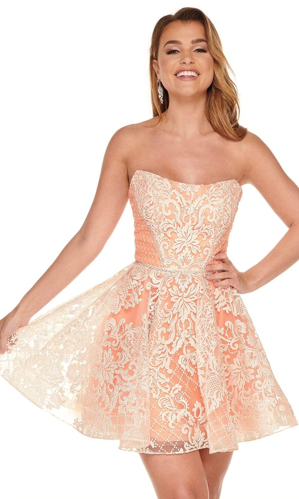Rachel Allan - 40062 Strapless Glitter Print A-Line Dress Homecoming Dresses 0 / White Soft Coral
