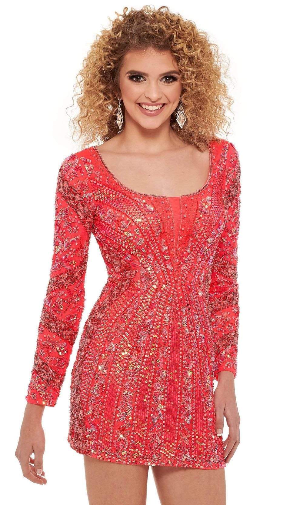 Rachel Allan - 40147 Long Sleeve Open Back Dress Homecoming Dresses 0 / Bright Coral