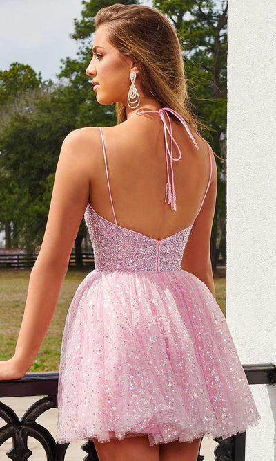 Rachel Allan 40179 - Dual Strap Glitter A-Line Cocktail Dress In Pink