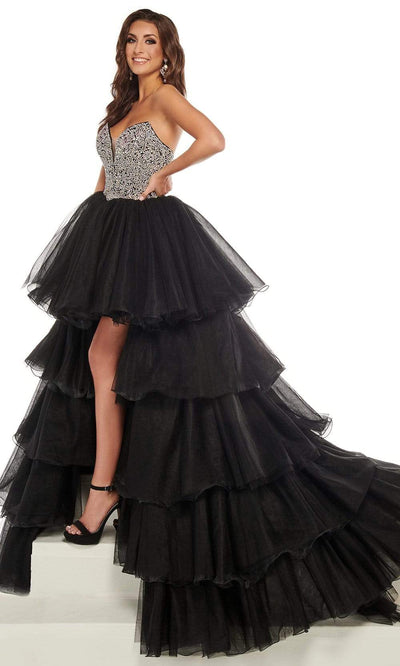Rachel Allan - 50003 Beaded Pleated High Low Gown Pageant Dresses 0 / Black