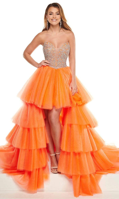 Rachel Allan - 50003 Beaded Pleated High Low Gown Pageant Dresses 0 / Tangerine