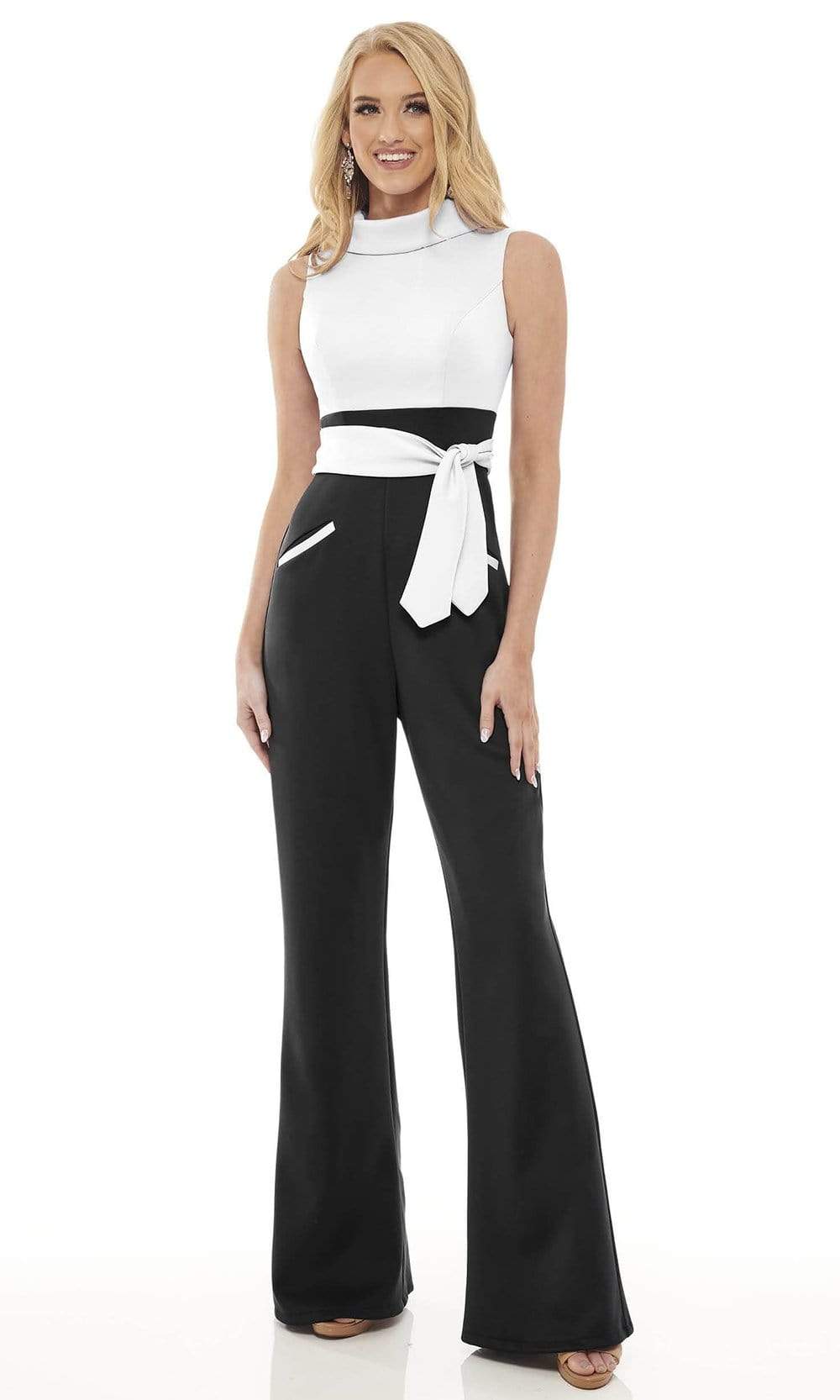 Rachel Allan - 50040 Two Toned Collared Jumpsuit Evening Dresses 0 / White Black