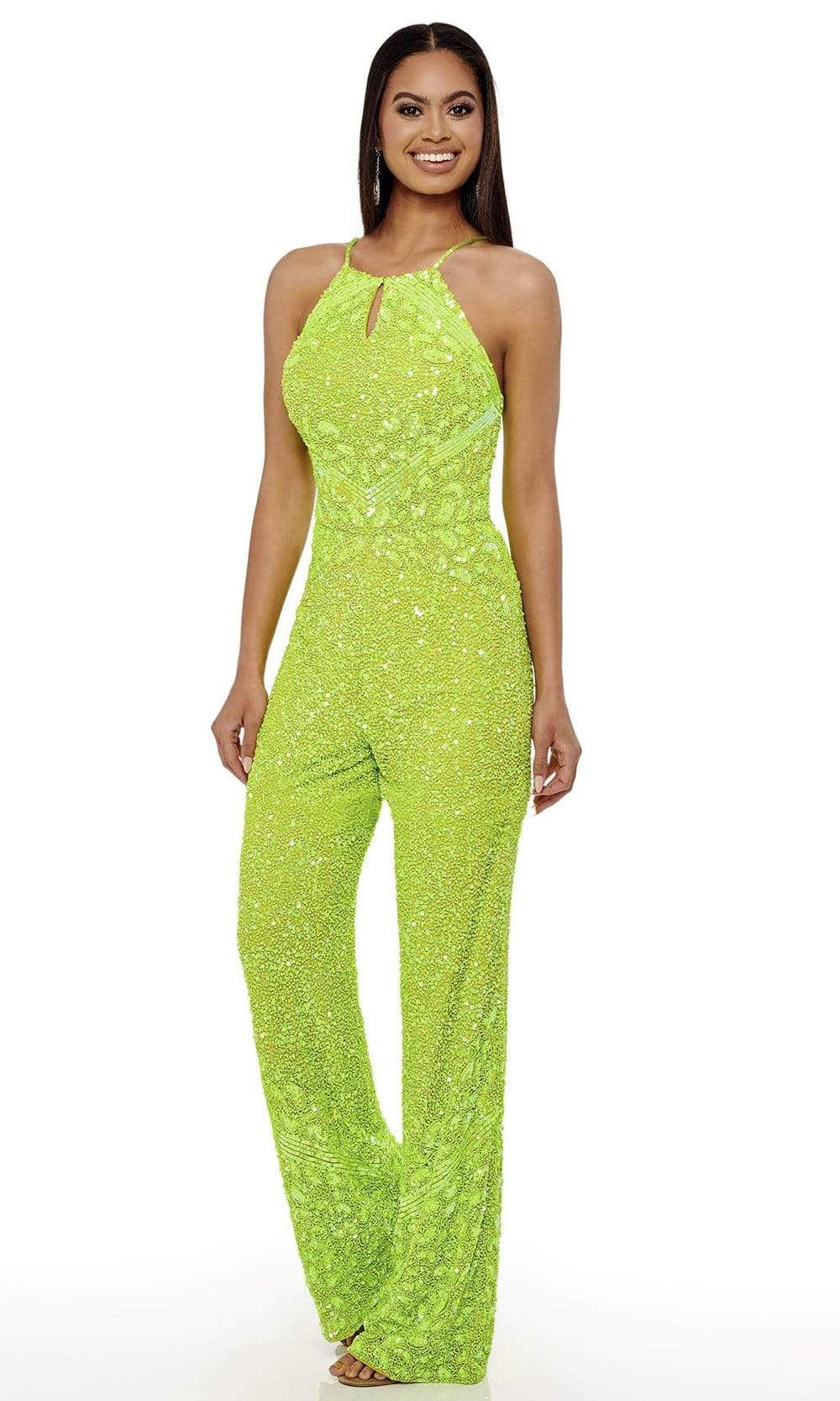 Rachel Allan - 50063 Crisscross Embellished Jumpsuit Evening Dresses 0 / Neon Green
