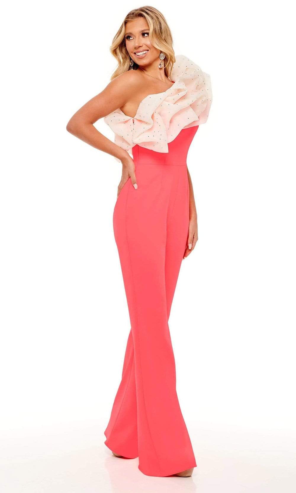 Rachel Allan - 50069 Oversized Ruffle Jumpsuit Evening Dresses 00 / Neon Coral White