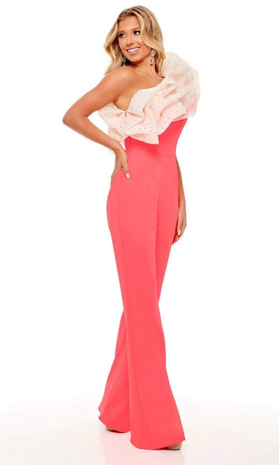 Rachel Allan - 50069 Oversized Ruffle Jumpsuit Evening Dresses 00 / Neon Coral White