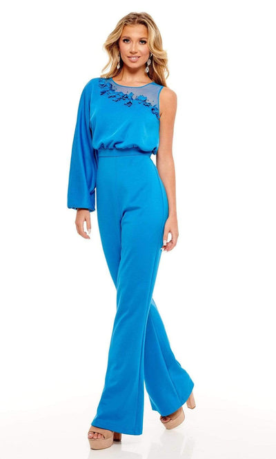 Rachel Allan - 50080 Floral Appliques Jewel Jumpsuit Evening Dresses 00 / Ocean Blue