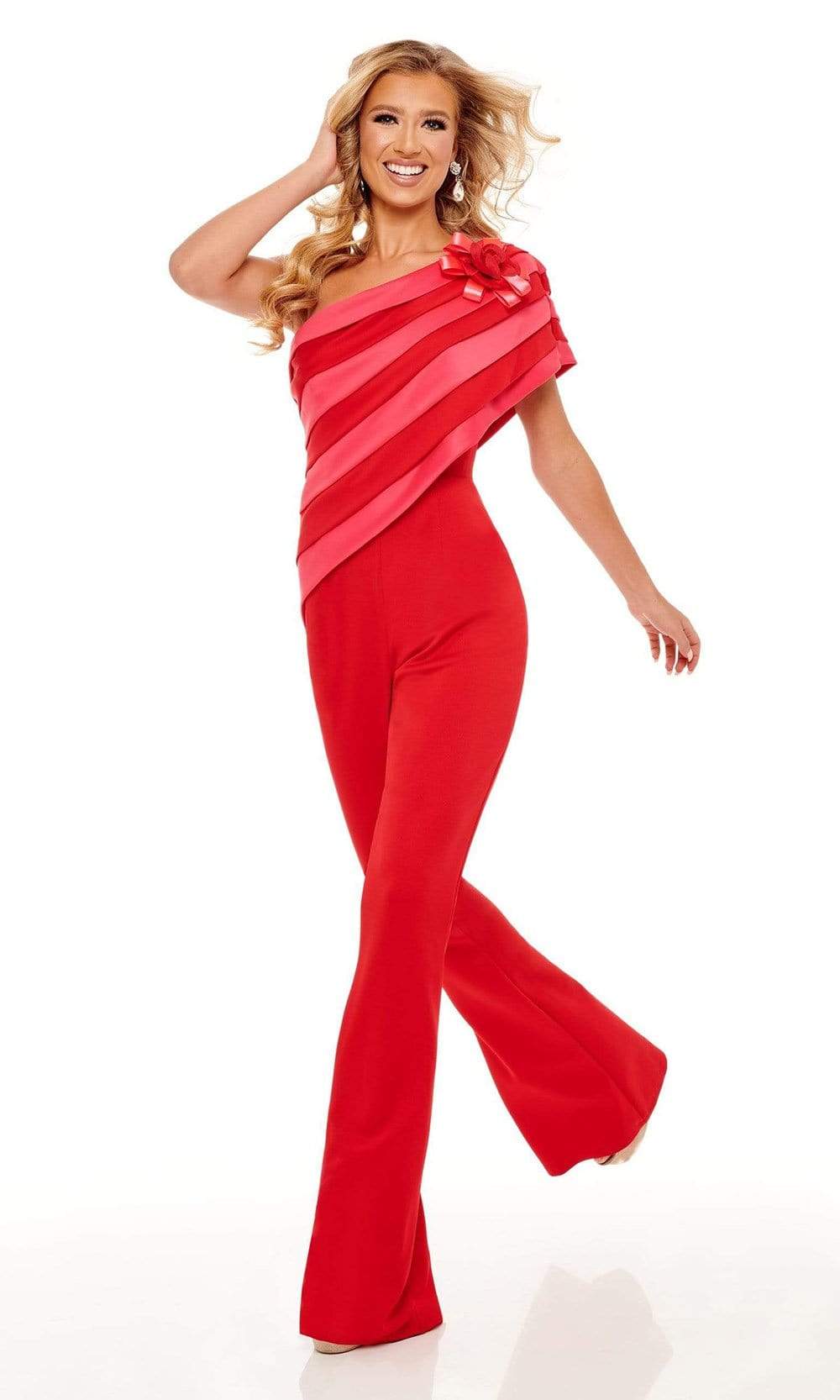 Rachel Allan - 50089 Stripe Draped Jumpsuit Evening Dresses 00 / Red Fuchsia