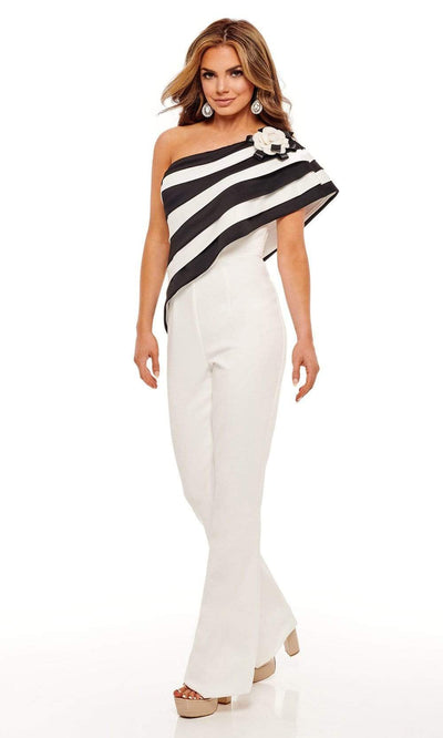 Rachel Allan - 50089 Stripe Draped Jumpsuit Evening Dresses 00 / White Black
