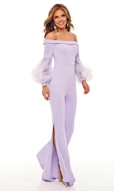 Rachel Allan - 50095 Bubble Sleeve Off Shoulder Jumpsuit Evening Dresses 00 / Lilac