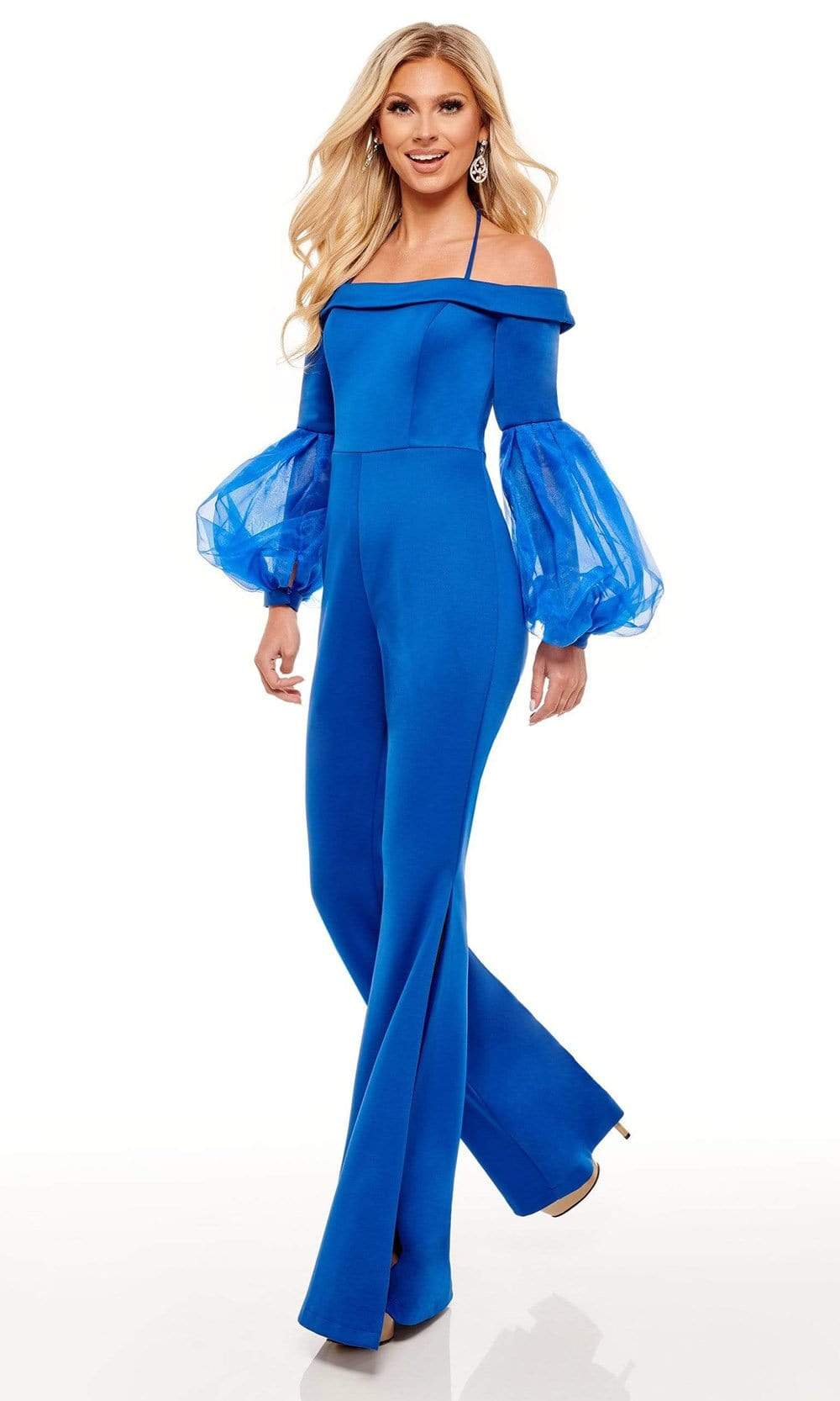 Rachel Allan - 50095 Bubble Sleeve Off Shoulder Jumpsuit Evening Dresses 00 / Royal