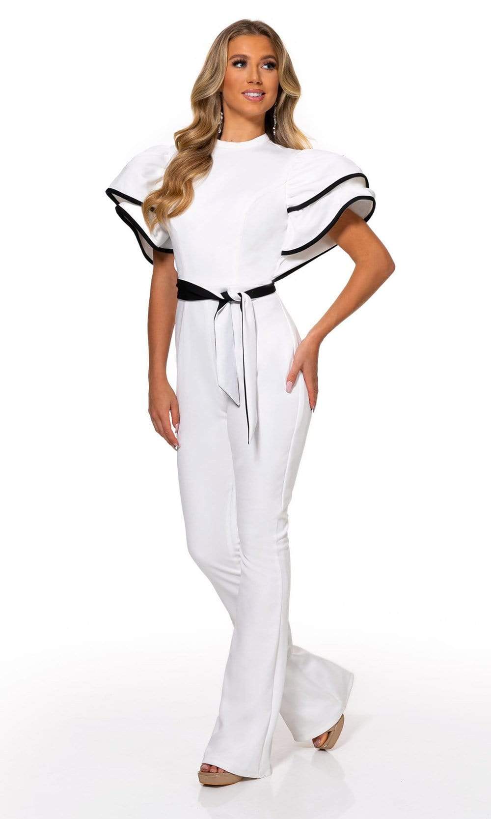 Rachel Allan - 50101 Flutter Sleeve Contrast Jumpsuit Evening Dresses 00 / White Black