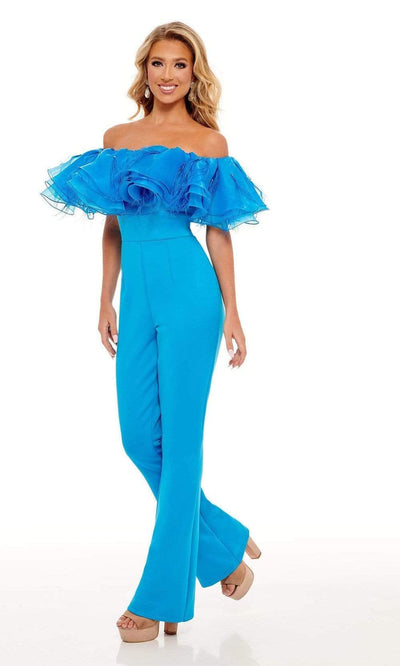 Rachel Allan - 50106 Draped Ruffle Jumpsuit Evening Dresses 00 / Ocean Blue