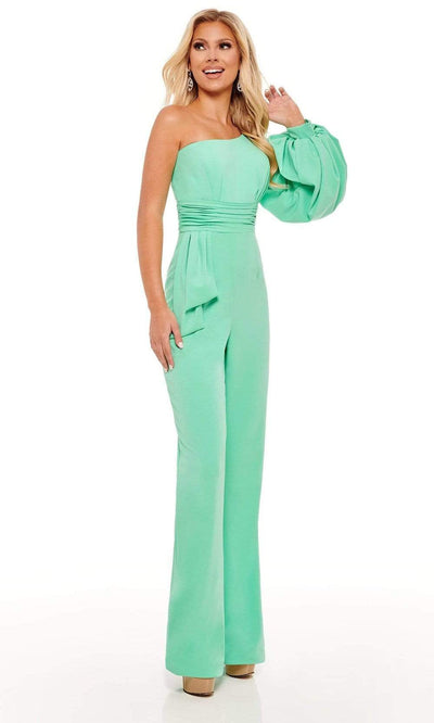 Rachel Allan - 50108 Bishop Sleeve One Shoulder Jumpsuit Evening Dresses 00 / Aqua Mint