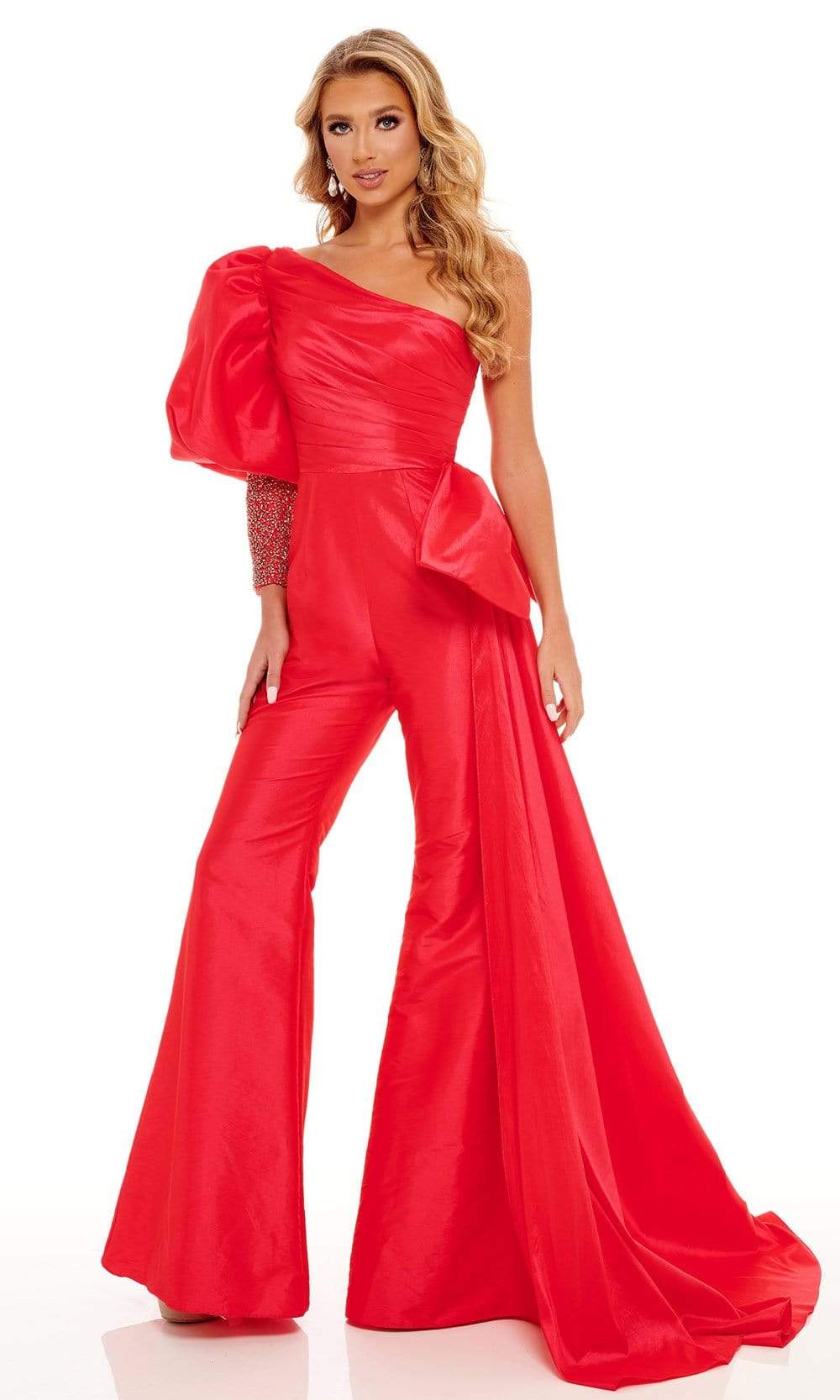 Rachel Allan - 50110 One Shoulder Puffed Long Sleeves Jumpsuit Evening Dresses 00 / Watermelon