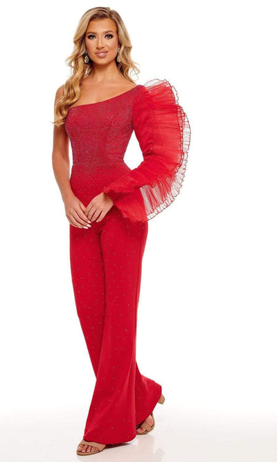 Rachel Allan - 50125 Ruffle Sleeve One Shoulder Jumpsuit Evening Dresses 00 / Red