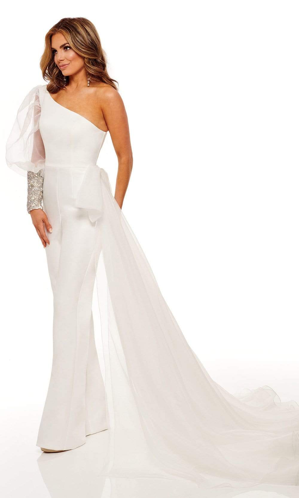 Rachel Allan - 50128 One Shoulder Puffed Beaded Jumpsuit Evening Dresses 00 / White