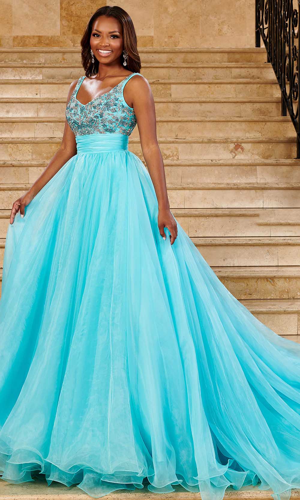 Rachel Allan 50137 - Sleeveless Empire Ballgown Special Occasion Dress 0 / Aqua Blue