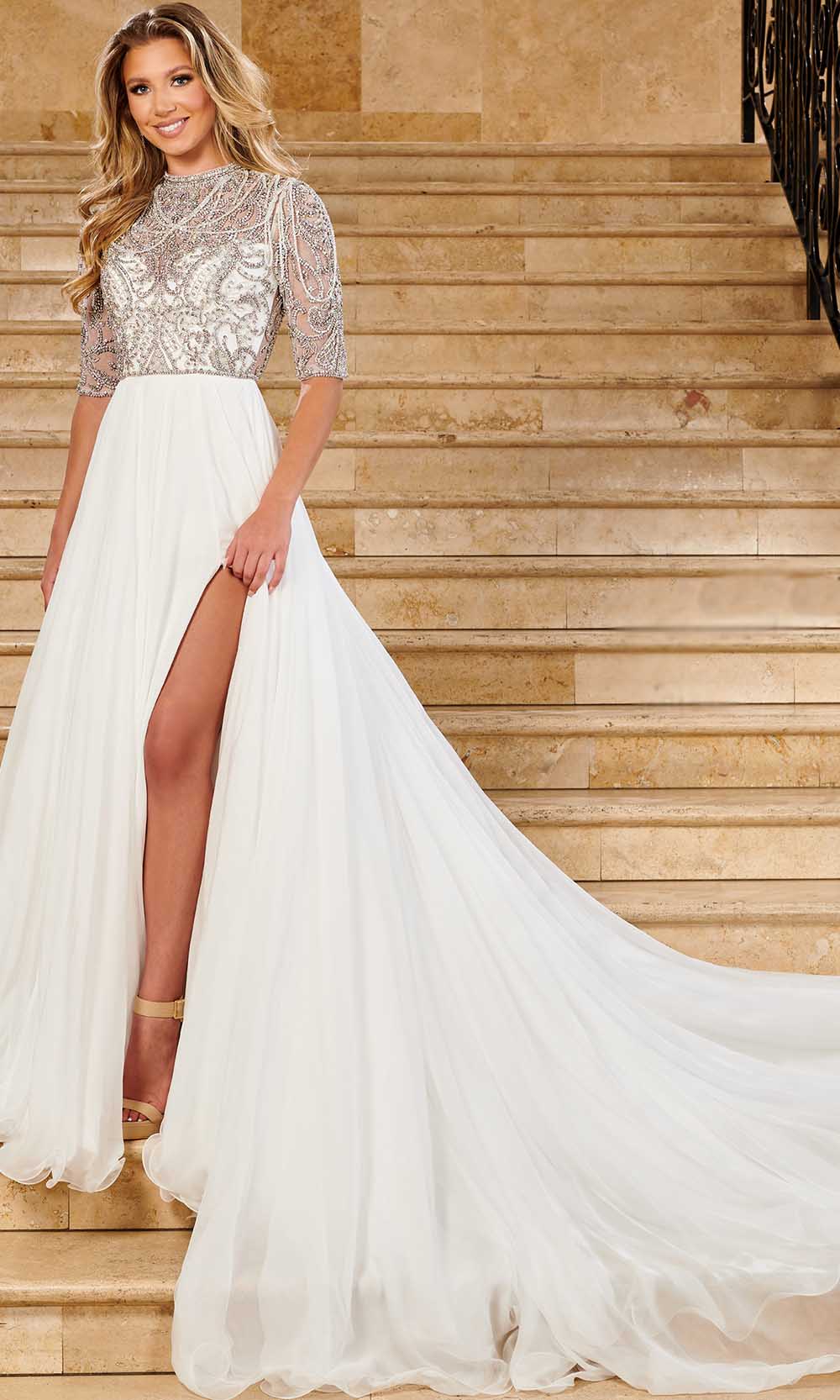 Rachel Allan 50149 - Bejeweled Quarter Length Sleeves Long Gown Prom Dresses 00 / White Silver