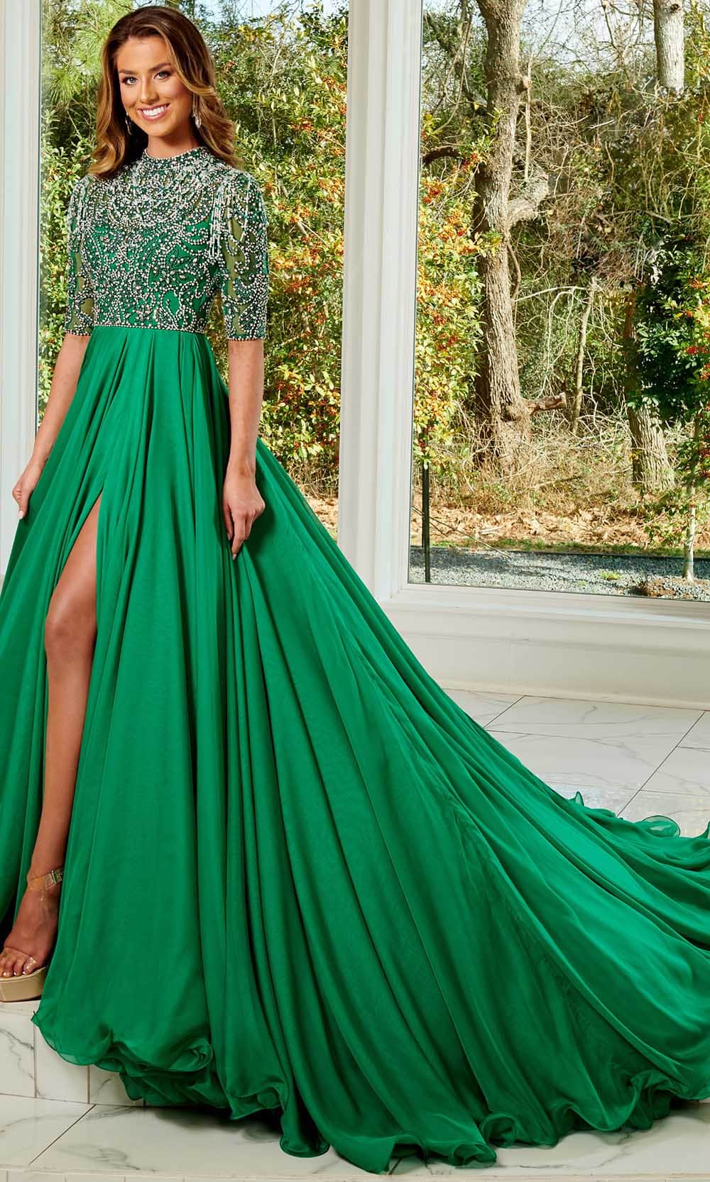 Rachel Allan 50149 - Bejeweled Quarter Length Sleeves Long Gown Prom Dresses