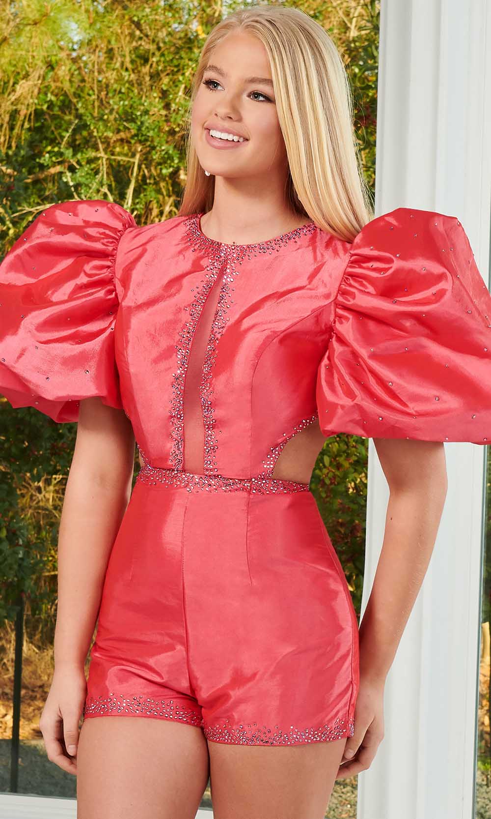 Rachel Allan 50150 - Puffed Sleeves Jewel Neck Romper with Cape Prom Dresses