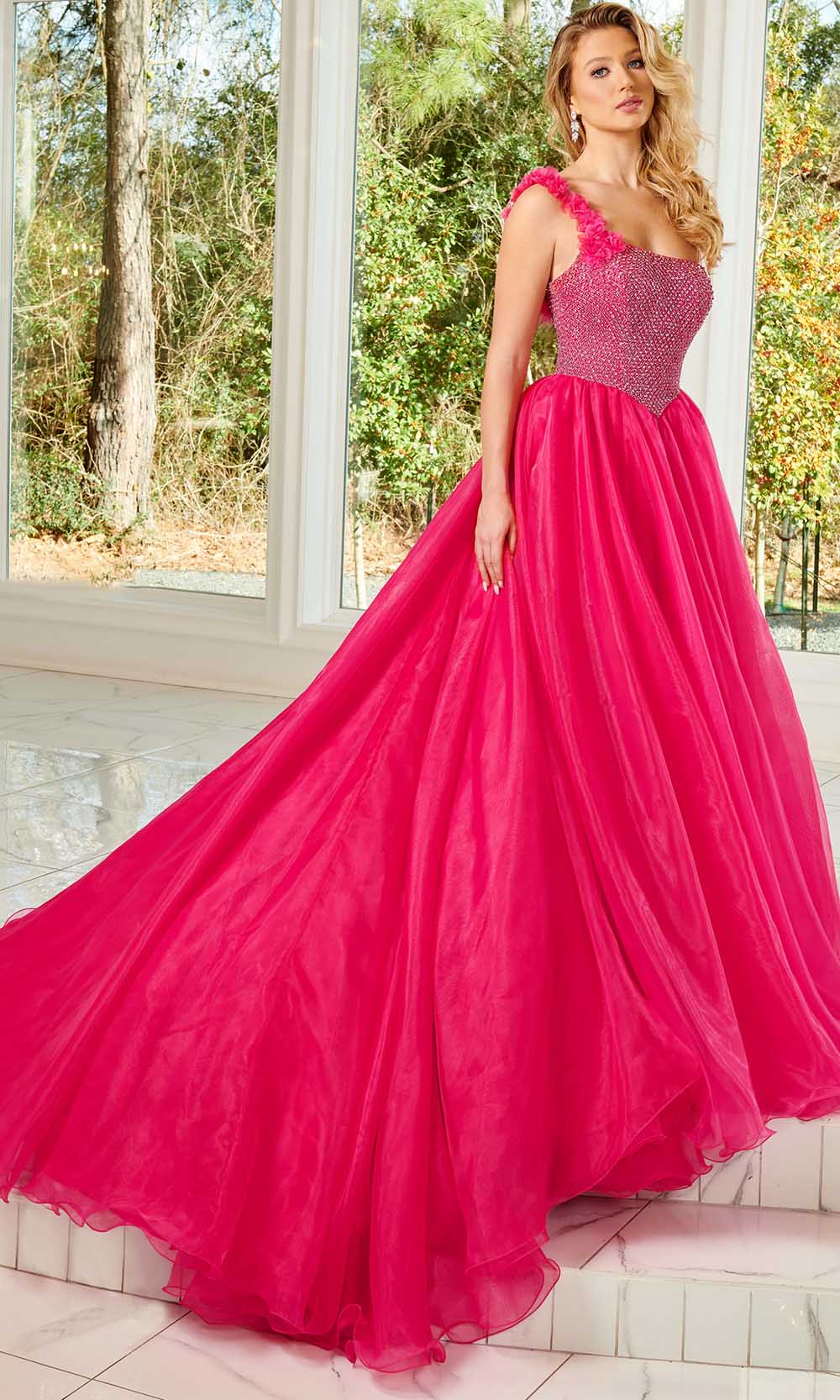 Rachel Allan 50156 - Bedazzled Asymmetric Evening Gown Evening Dresses 00 / Fuchsia
