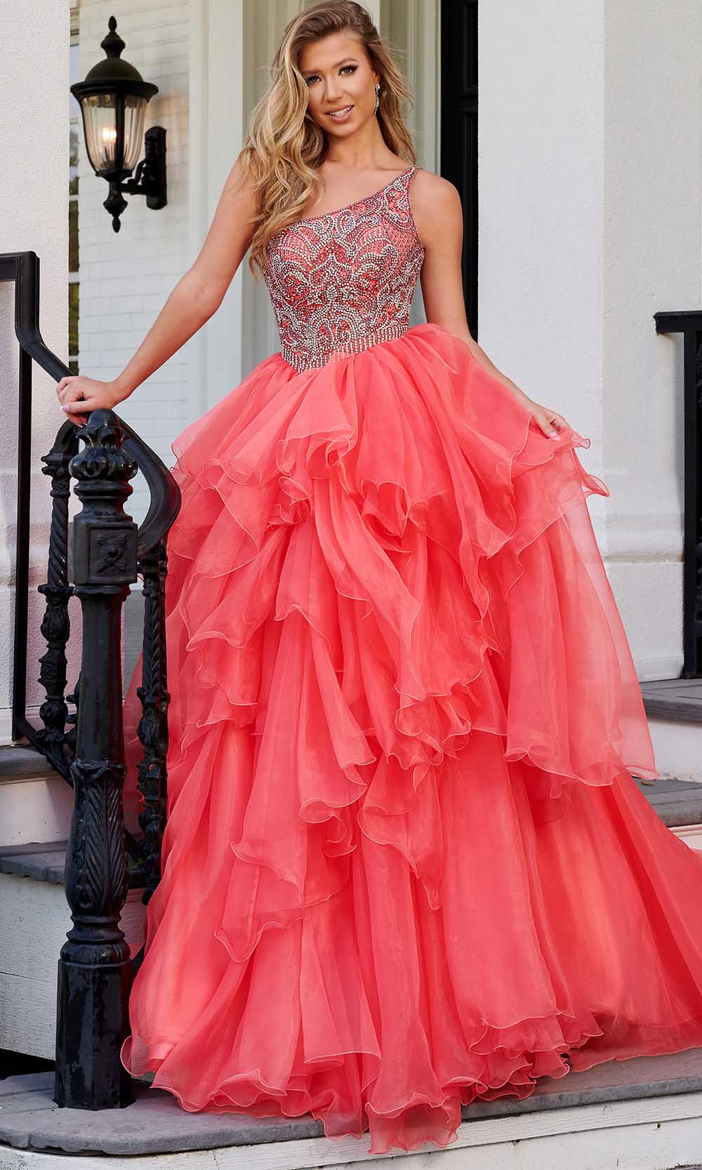 Rachel Allan 50199 - Shimmering Asymmetrical Long Gown Prom Dress 00 / Pink Coral