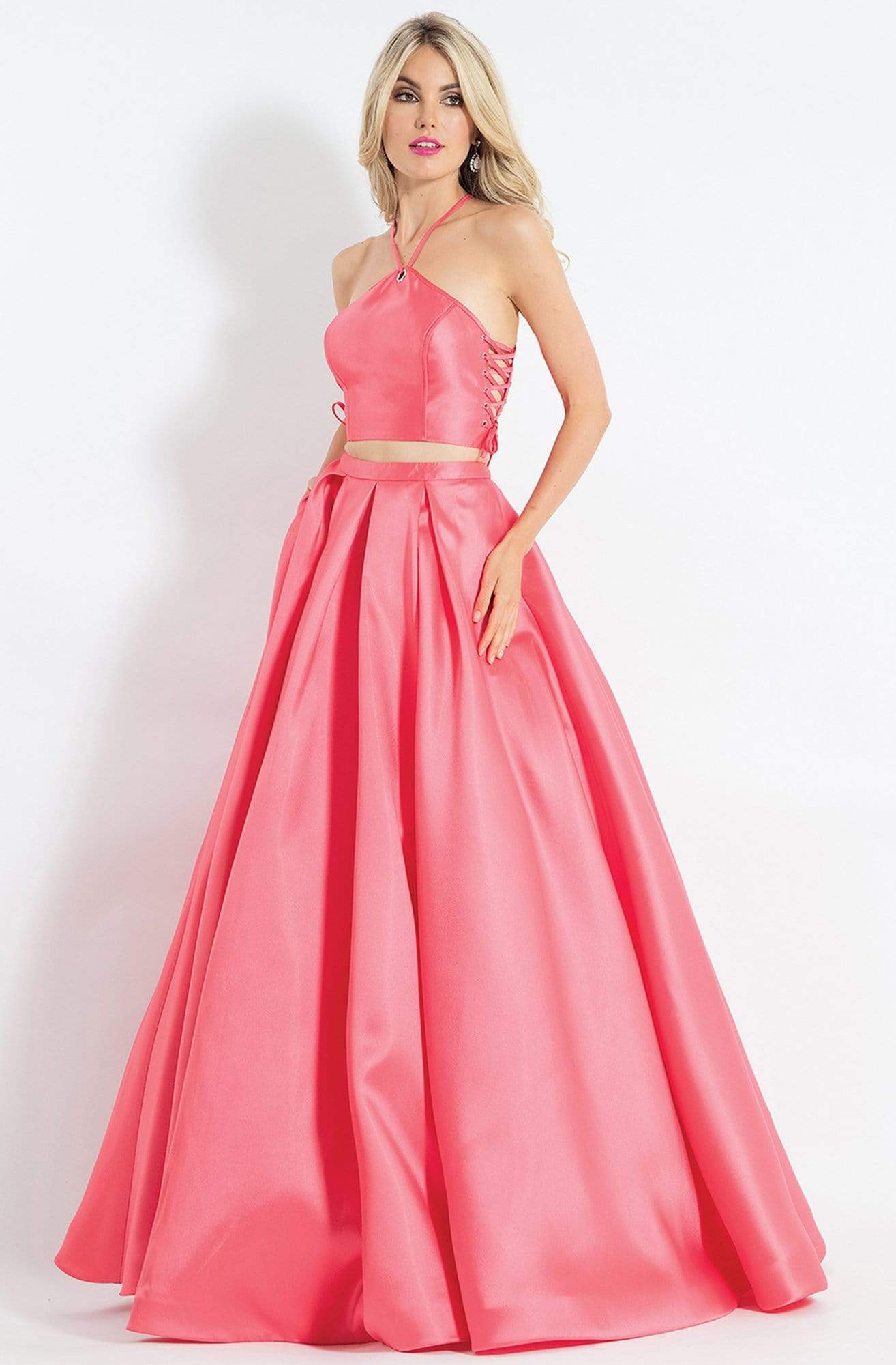 Rachel Allan - 6040 Two Piece Lace Up Pleated Ballgown Prom Dresses 0 / Coral