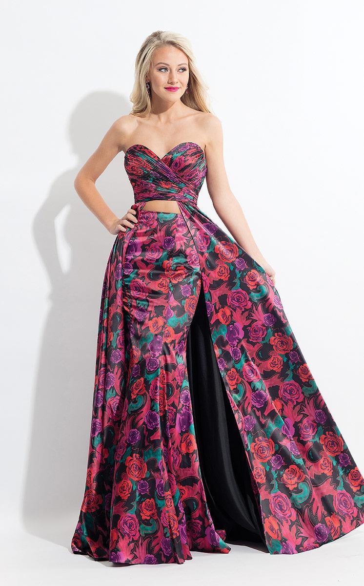 Rachel Allan - 6073 Strapless Two-Piece Floral Print Gown Special Occasion Dress 0 / Black/Multi