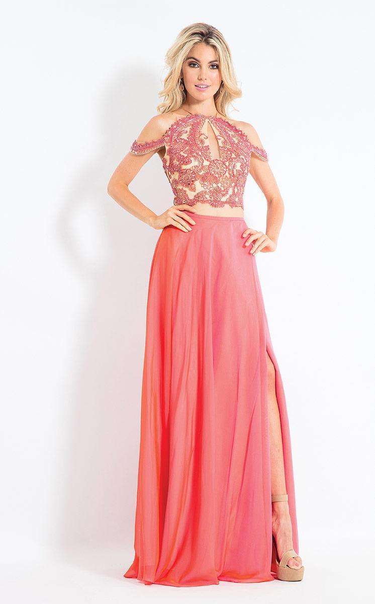 Rachel Allan - 6109 Floral Appliqued Two Piece Gown Prom Dresses 0 / Coral