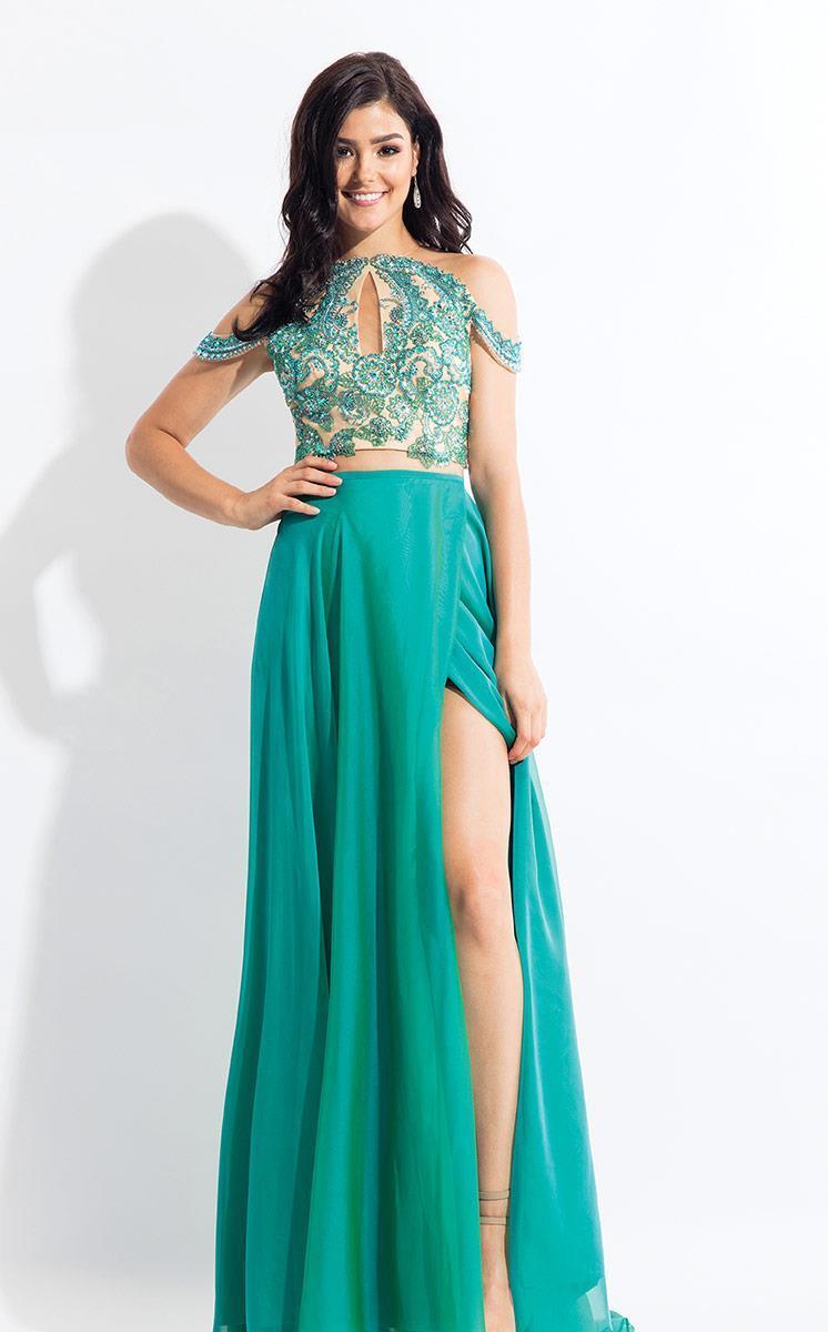 Rachel Allan - 6109 Floral Appliqued Two Piece Gown Prom Dresses 0 / Jade