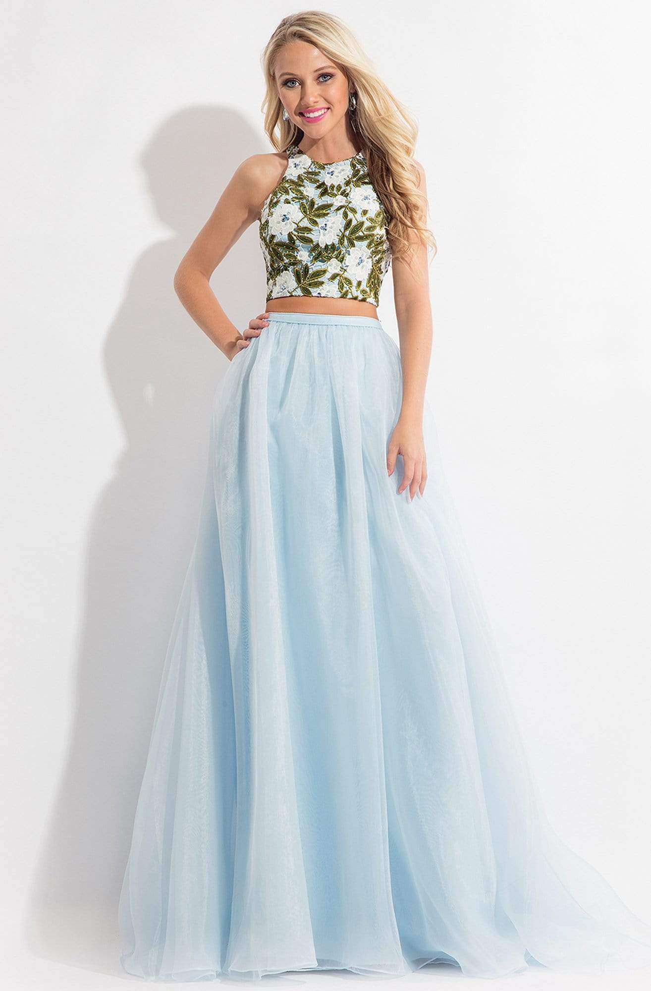 Rachel Allan - 6151 Floral Embroidered Two Piece Halter Gown Special Occasion Dress 0 / Baby/Blue