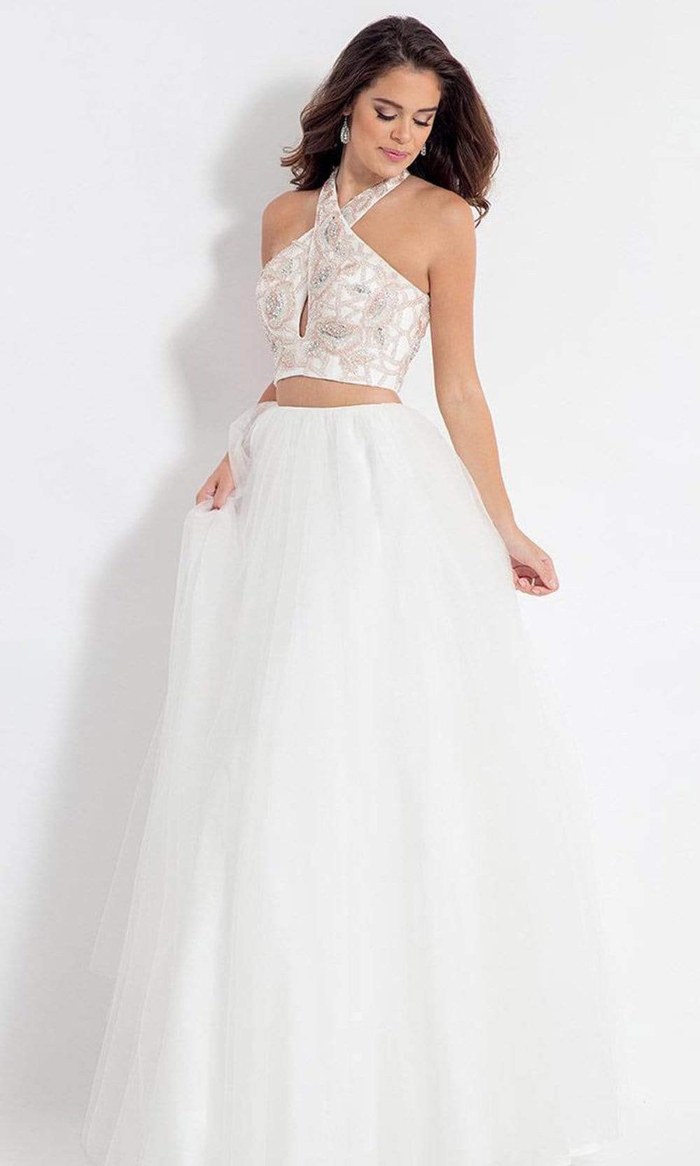 Rachel Allan - 6155 Two Piece Floral Halter Ballgown Special Occasion Dress 0 / White/Rose/Gold