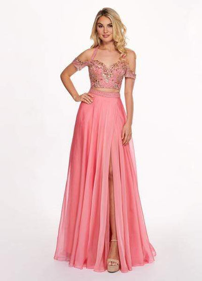 Rachel Allan - 6411 Beaded Embellished 2-Piece Cold Shoulder Prom Gown Special Occasion Dress 0 / Coral