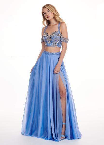 Rachel Allan - 6411 Beaded Embellished 2-Piece Cold Shoulder Prom Gown Special Occasion Dress 0 / Deep Periwinkle