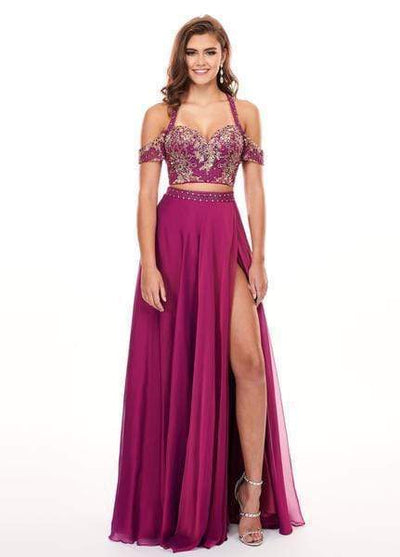 Rachel Allan - 6411 Beaded Embellished 2-Piece Cold Shoulder Prom Gown Special Occasion Dress 0 / Magenta
