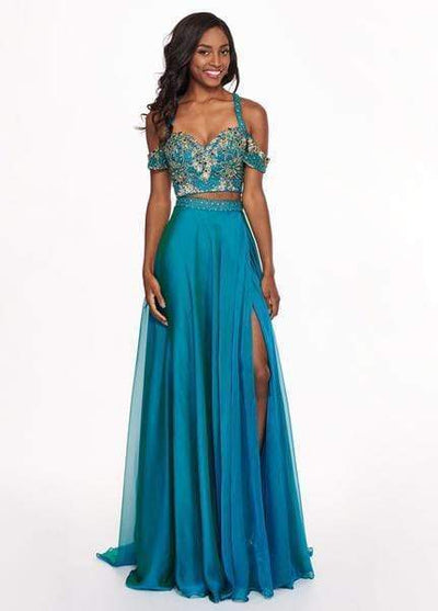 Rachel Allan - 6411 Beaded Embellished 2-Piece Cold Shoulder Prom Gown Special Occasion Dress 0 / Peacock Blue