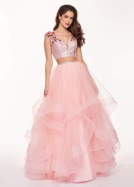Rachel Allan - 6412 Two-Piece Floral Motif Shoulders Tiered Tulle Gown Special Occasion Dress 0 / Blush
